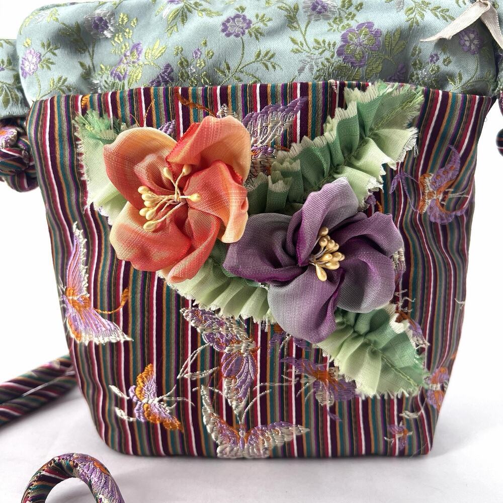 Vintage Boho Festival Floral Embellished Colorful Silk & Velvet Crossbody Bag - Picture 2 of 9